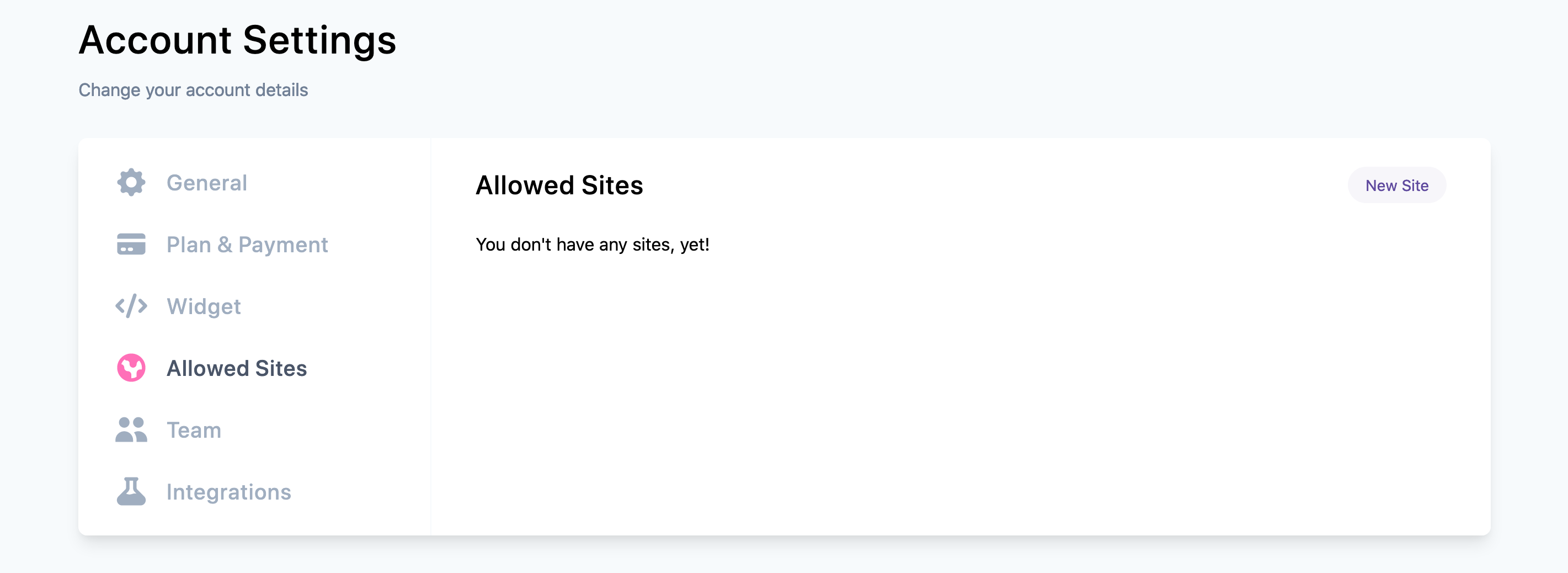 The Allowed sites list in a Soundbite account, with a New site button for adding a domain