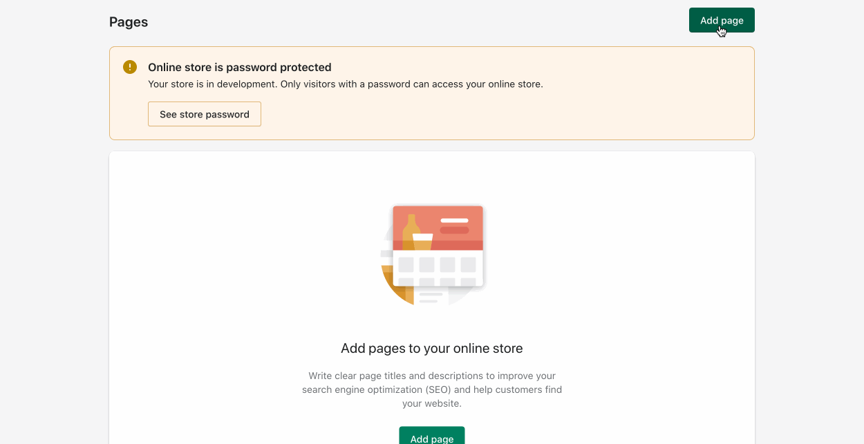 Creating a new Shopify page with a title and body text, then switching to the code editor
